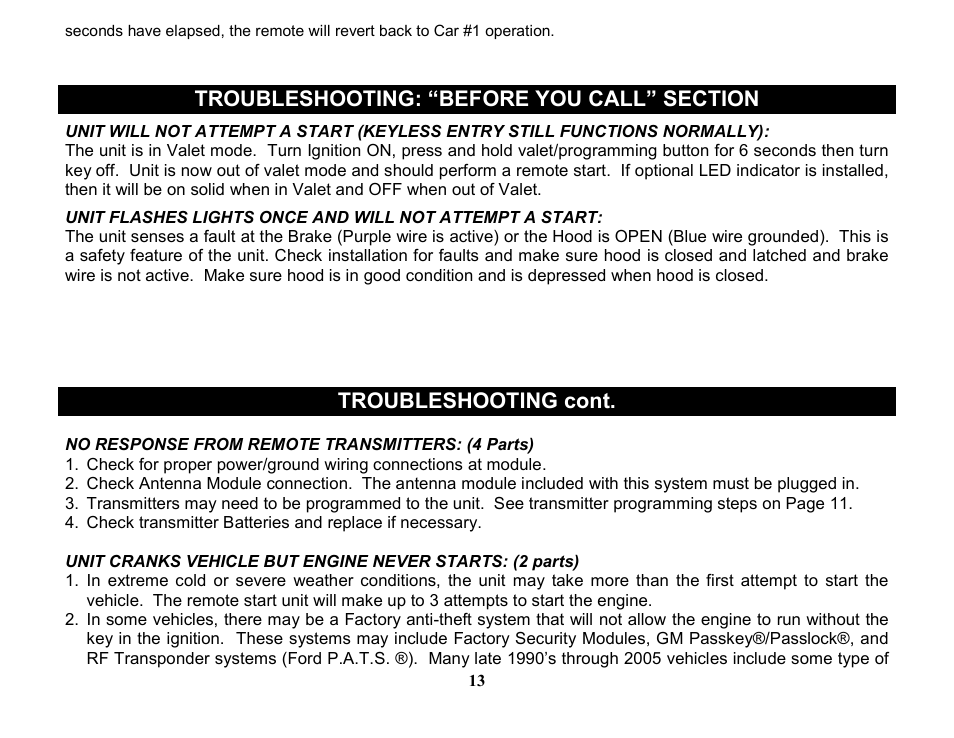 Troubleshooting cont | Crimestopper Security Products EZEE START EZ-55DP User Manual | Page 13 / 15