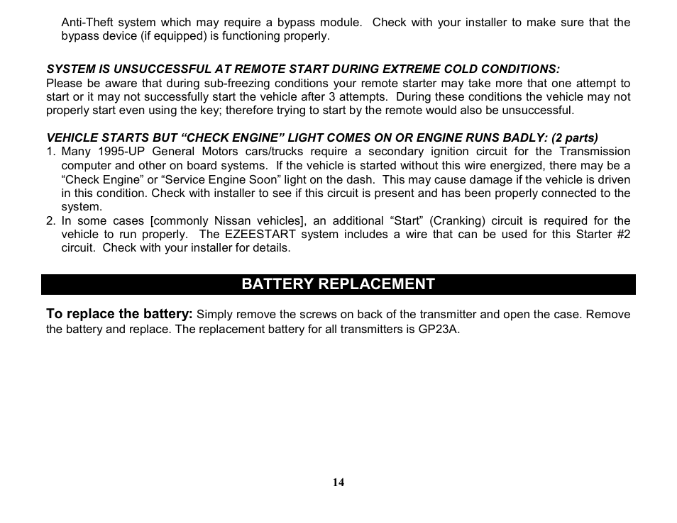 Battery replacement | Crimestopper Security Products EZEE START EZ-55DP User Manual | Page 14 / 15