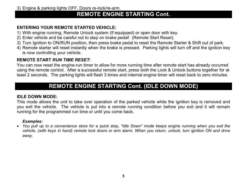 Remote engine starting cont, Remote engine starting cont. (idle down mode) | Crimestopper Security Products EZEE START EZ-55DP User Manual | Page 5 / 15