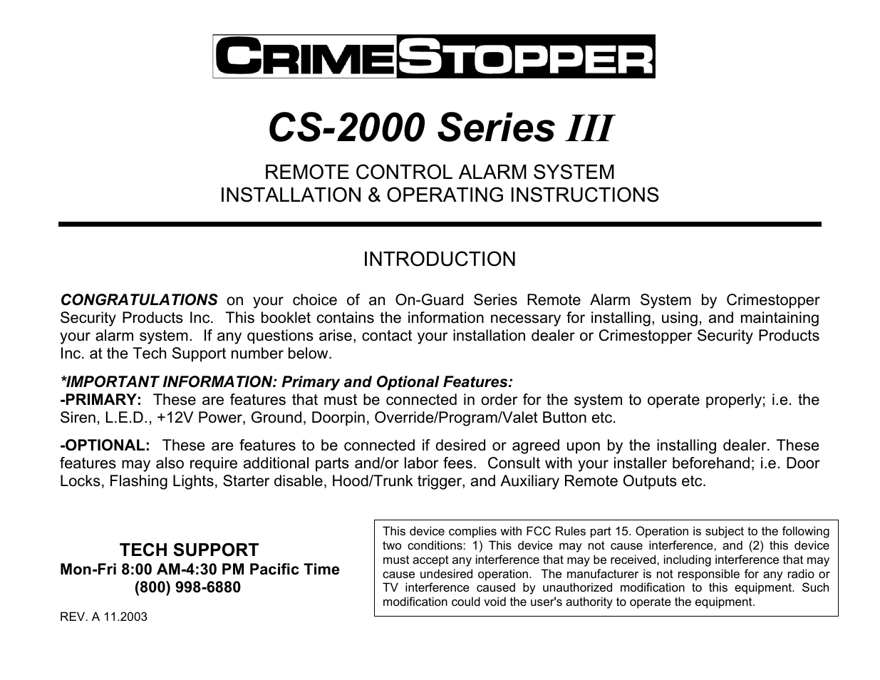 Crimestopper Security Products CS-2000 User Manual | 16 pages