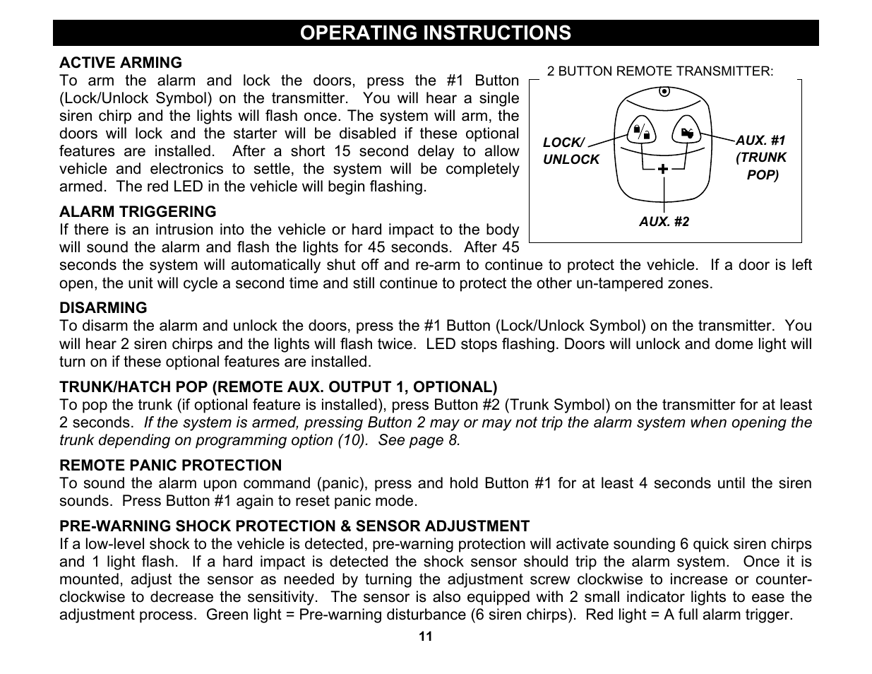 Disarming, Remote panic protection, Operating instructions | Crimestopper Security Products CS-2000 User Manual | Page 11 / 16
