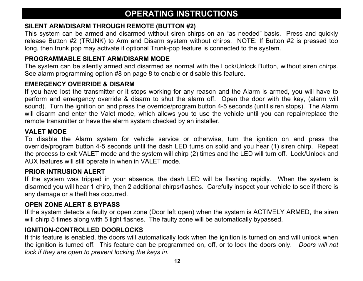 Silent arm/disarm through remote (button #2), Programmable silent arm/disarm mode, Prior intrusion alert | Open zone alert & bypass, Ignition-controlled doorlocks, Operating instructions | Crimestopper Security Products CS-2000 User Manual | Page 12 / 16