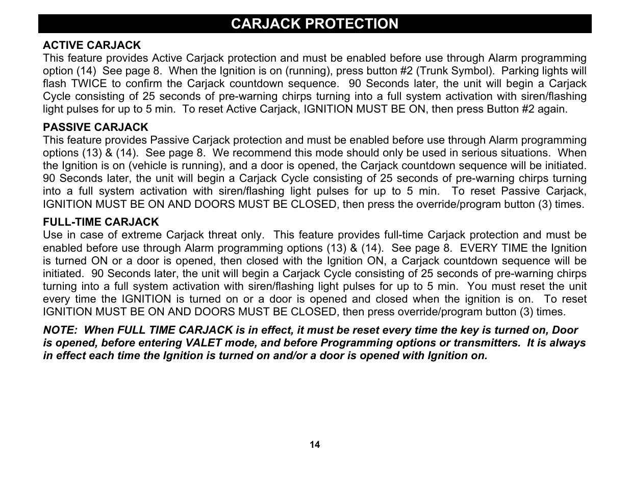 Active carjack, Passive carjack, Full-time carjack | Carjack protection | Crimestopper Security Products CS-2000 User Manual | Page 14 / 16