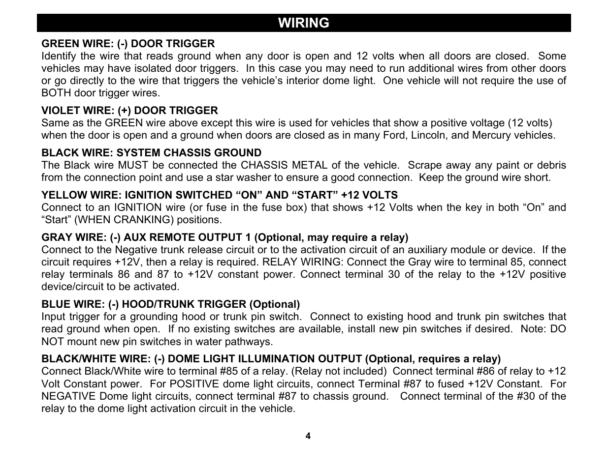 Green wire: (-) door trigger, Violet wire: (+) door trigger, Black wire: system chassis ground | Blue wire: (-) hood/trunk trigger (optional), Wiring | Crimestopper Security Products CS-2000 User Manual | Page 4 / 16