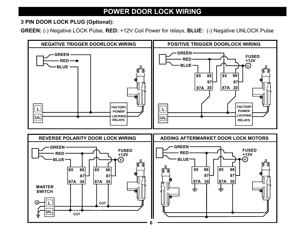 Power door lock wiring, 3 pin door lock plug (optional) | Crimestopper Security Products CS-2000 User Manual | Page 6 / 16