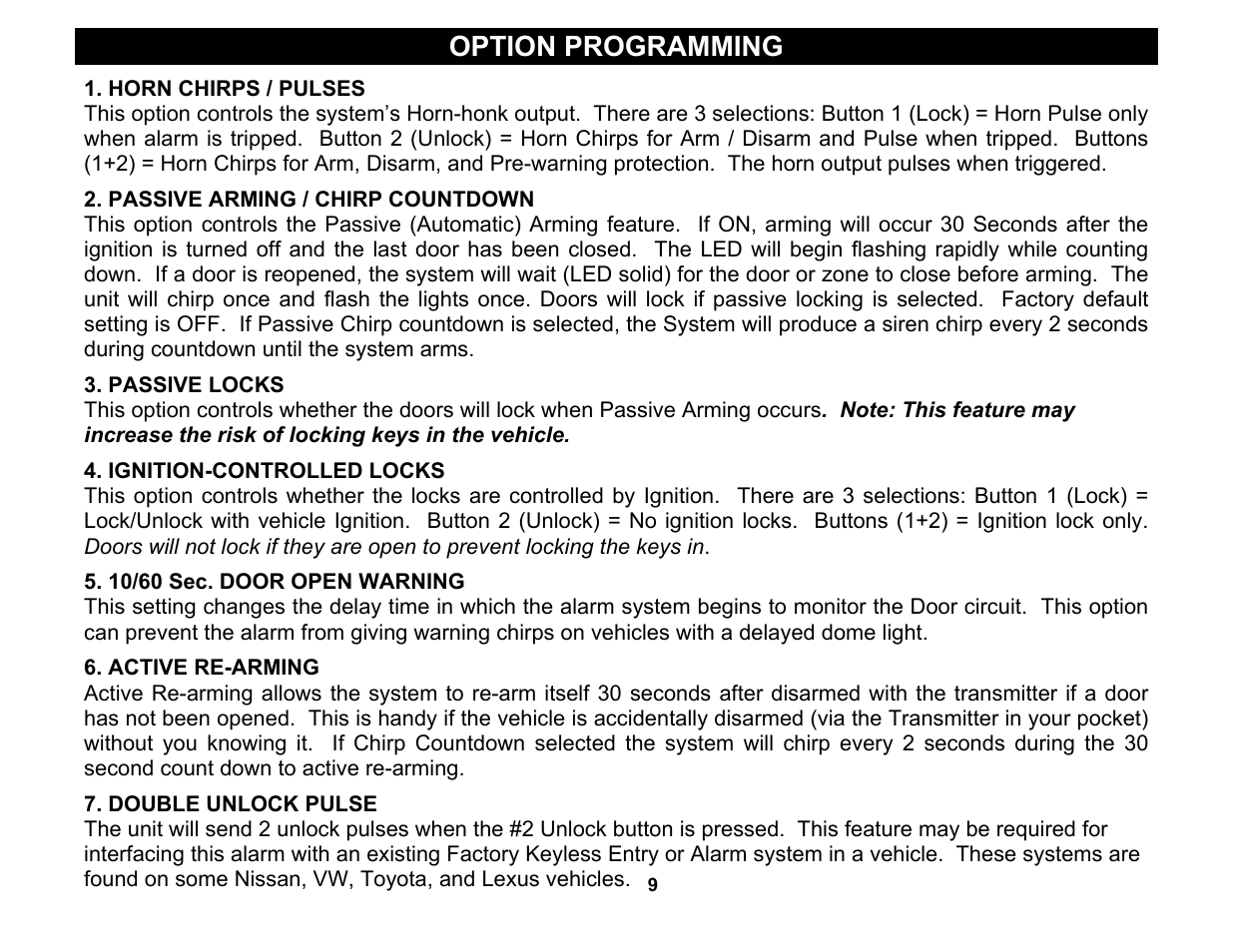Ignition-controlled locks, Double unlock pulse, Option programming | Crimestopper Security Products CS-2000 User Manual | Page 9 / 16