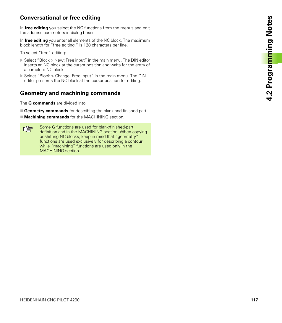 Conversational or free editing, Geometry and machining commands, 2 pr ogr a mming not e s | HEIDENHAIN CNC Pilot 4290 V7.1 User Manual | Page 117 / 725