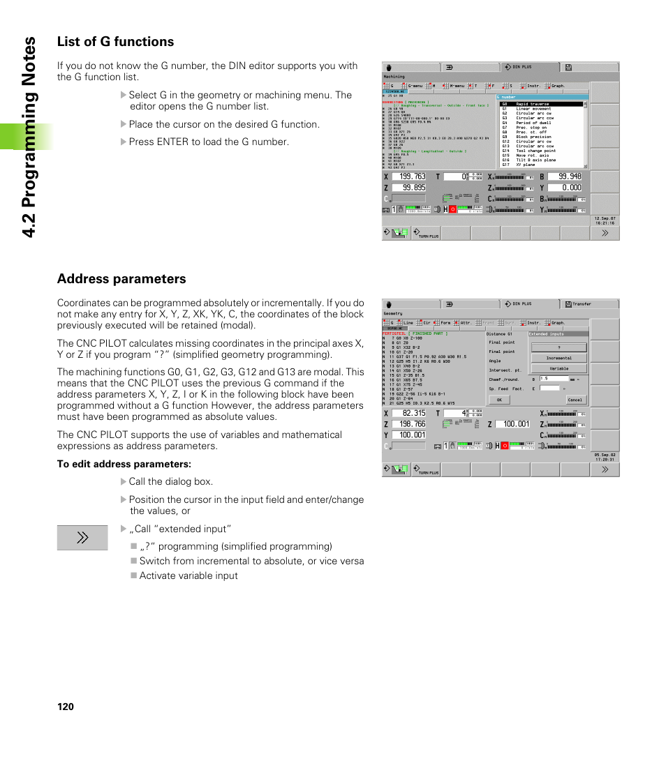 List of g functions, Address parameters, 2 pr ogr a mming not e s | HEIDENHAIN CNC Pilot 4290 V7.1 User Manual | Page 120 / 725