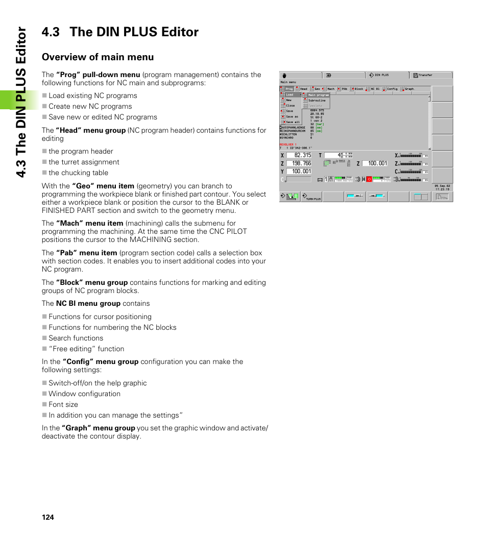 3 the din plus editor, Overview of main menu, 3 the din plus edit o r 4.3 the din plus editor | HEIDENHAIN CNC Pilot 4290 V7.1 User Manual | Page 124 / 725