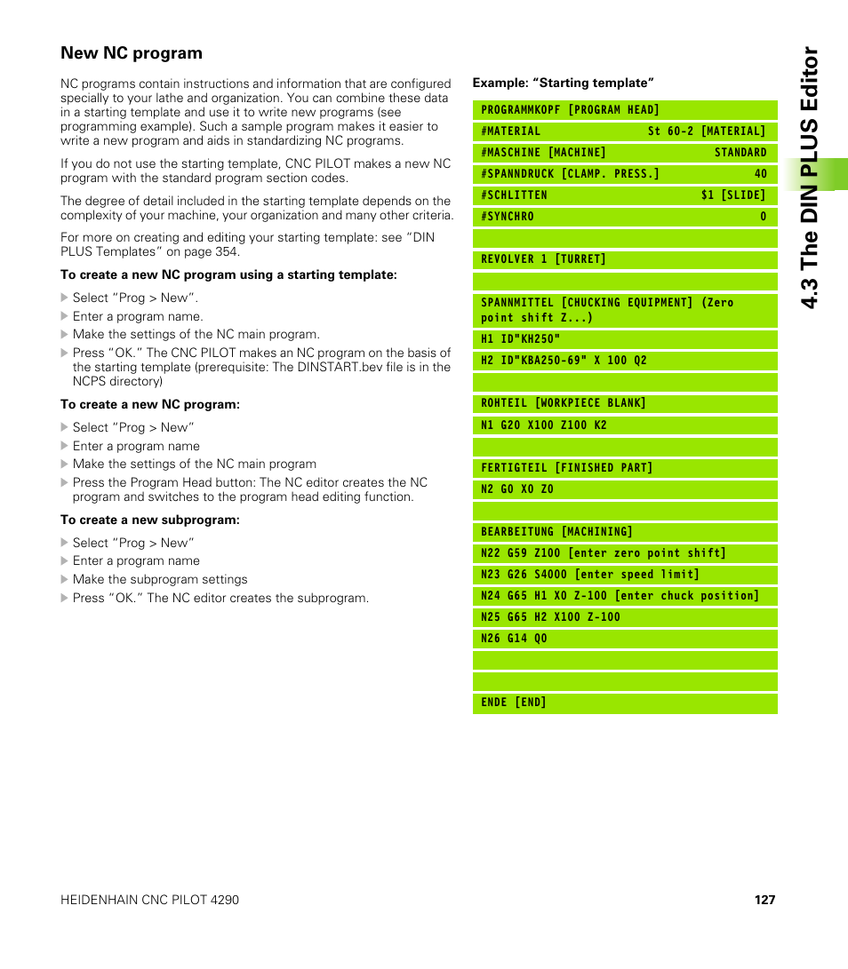 New nc program, 3 the din plus edit o r | HEIDENHAIN CNC Pilot 4290 V7.1 User Manual | Page 127 / 725