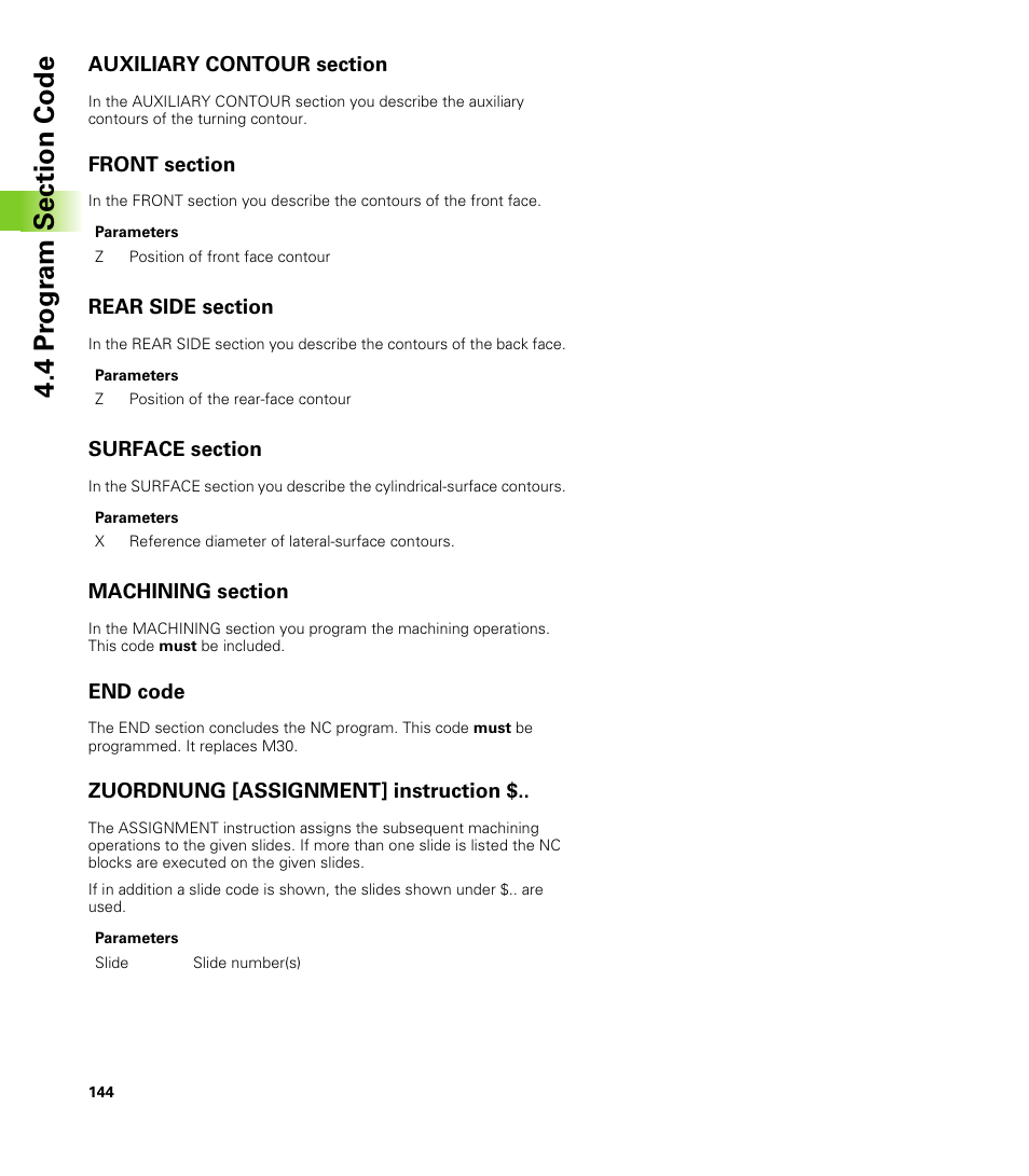 Auxiliary contour section, Front section, Rear side section | Surface section, Machining section, End code, Zuordnung [assignment] instruction | HEIDENHAIN CNC Pilot 4290 V7.1 User Manual | Page 144 / 725