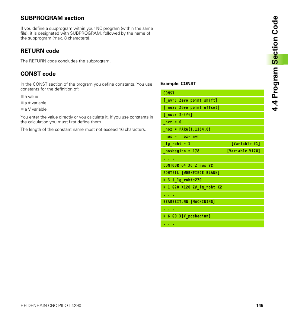 Subprogram section, Return code, Const code | HEIDENHAIN CNC Pilot 4290 V7.1 User Manual | Page 145 / 725