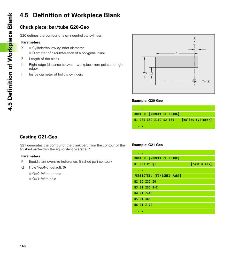 5 definition of workpiece blank, Chuck piece: bar/tube g20-geo, Casting g21-geo | HEIDENHAIN CNC Pilot 4290 V7.1 User Manual | Page 146 / 725