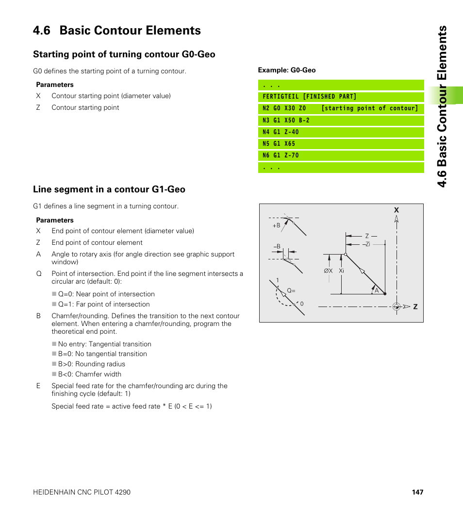 6 basic contour elements, Starting point of turning contour g0-geo, Line segment in a contour g1-geo | HEIDENHAIN CNC Pilot 4290 V7.1 User Manual | Page 147 / 725