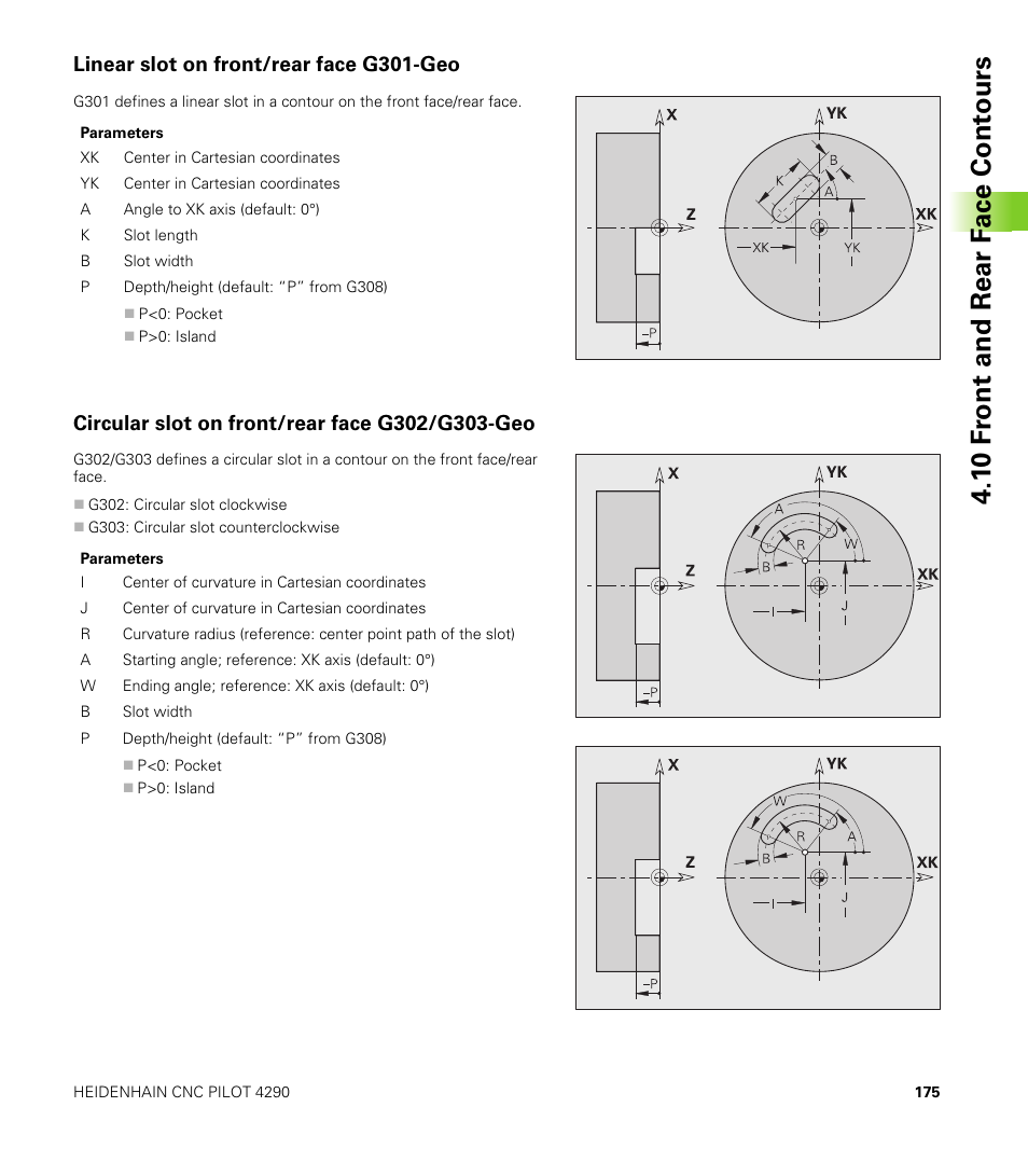 Linear slot on front/rear face g301-geo, Circular slot on front/rear face g302/g303-geo, 1 0 f ront and rear f a ce cont ours | HEIDENHAIN CNC Pilot 4290 V7.1 User Manual | Page 175 / 725