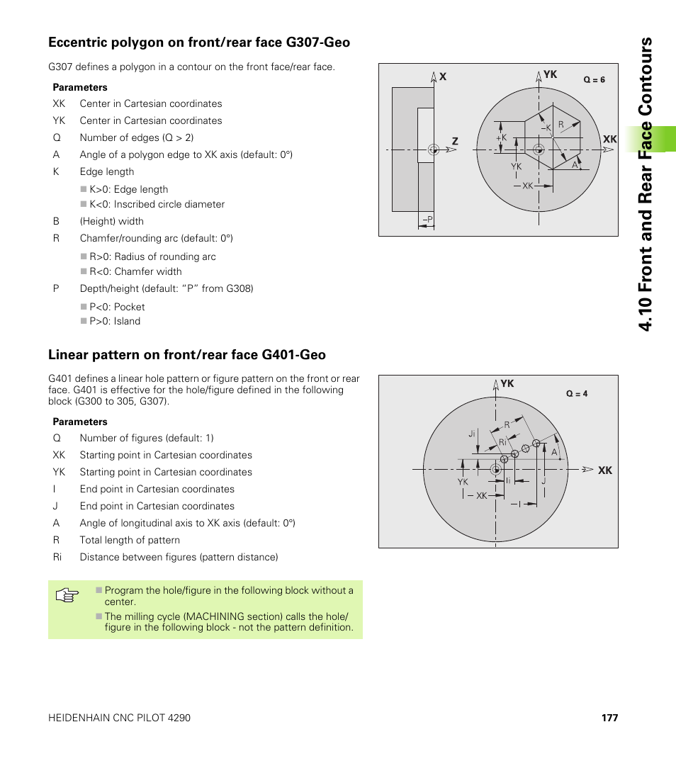 Eccentric polygon on front/rear face g307-geo, Linear pattern on front/rear face g401-geo, 1 0 f ront and rear f a ce cont ours | HEIDENHAIN CNC Pilot 4290 V7.1 User Manual | Page 177 / 725