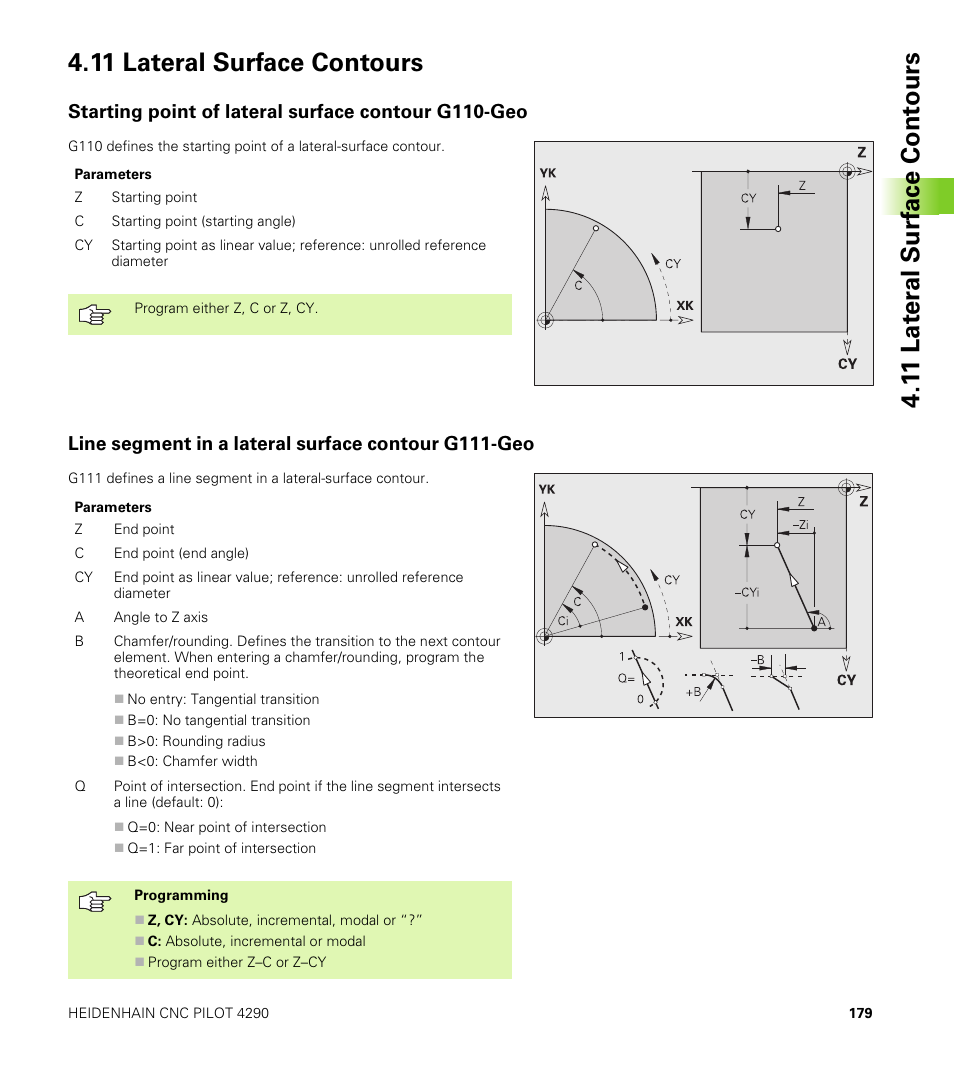 11 lateral surface contours, Starting point of lateral surface contour g110-geo, Line segment in a lateral surface contour g111-geo | HEIDENHAIN CNC Pilot 4290 V7.1 User Manual | Page 179 / 725