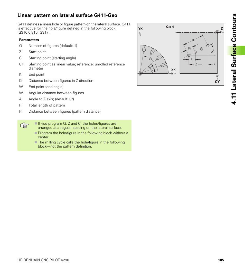 Linear pattern on lateral surface g411-geo, 1 1 lat er al surf ace cont ours | HEIDENHAIN CNC Pilot 4290 V7.1 User Manual | Page 185 / 725