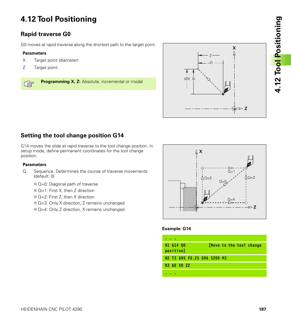 12 tool positioning, Rapid traverse g0, Setting the tool change position g14 | HEIDENHAIN CNC Pilot 4290 V7.1 User Manual | Page 187 / 725