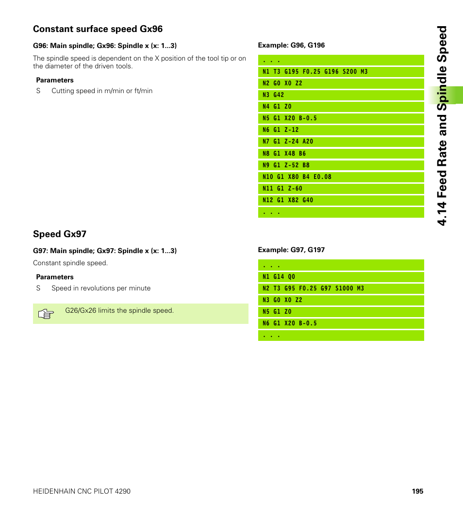 Constant surface speed gx96, Speed gx97, 14 f e ed rat e and spindle speed | HEIDENHAIN CNC Pilot 4290 V7.1 User Manual | Page 195 / 725