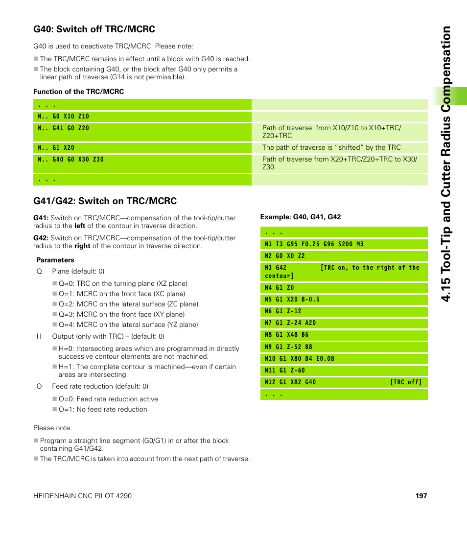G40: switch off trc/mcrc, G41/g42: switch on trc/mcrc, 15 t ool-tip and cut ter radius compensation | HEIDENHAIN CNC Pilot 4290 V7.1 User Manual | Page 197 / 725