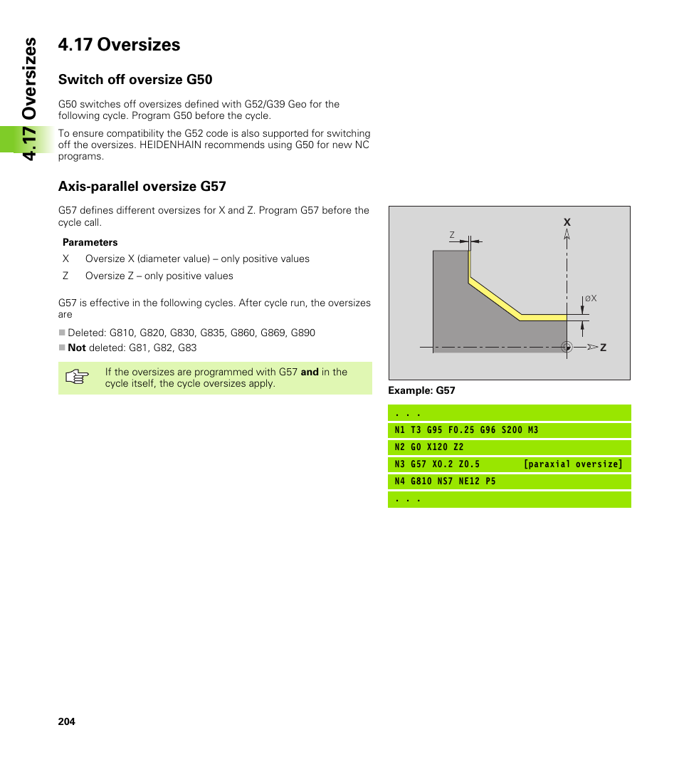 17 oversizes, Switch off oversize g50, Axis-parallel oversize g57 | HEIDENHAIN CNC Pilot 4290 V7.1 User Manual | Page 204 / 725