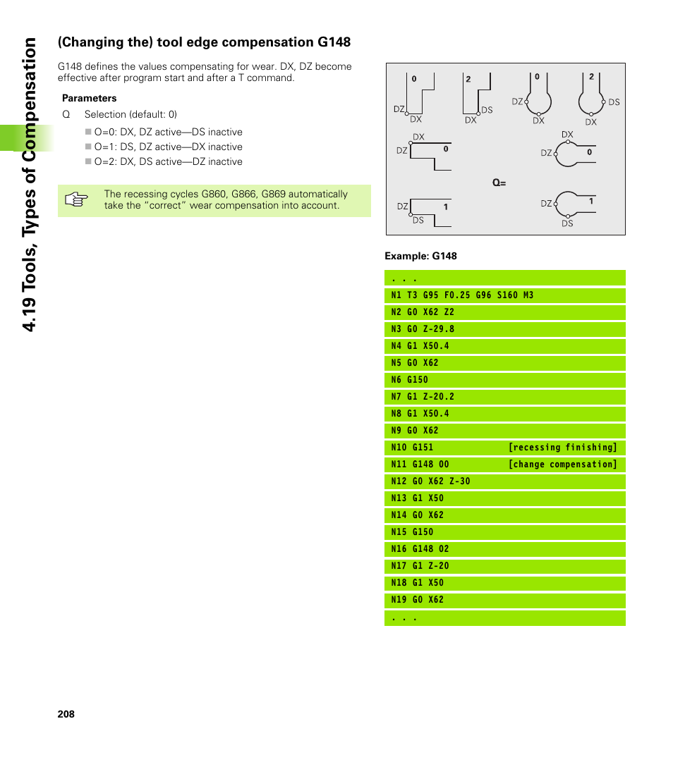 Changing the) tool edge compensation g148, 1 9 t ools, t y pes of compensation | HEIDENHAIN CNC Pilot 4290 V7.1 User Manual | Page 208 / 725