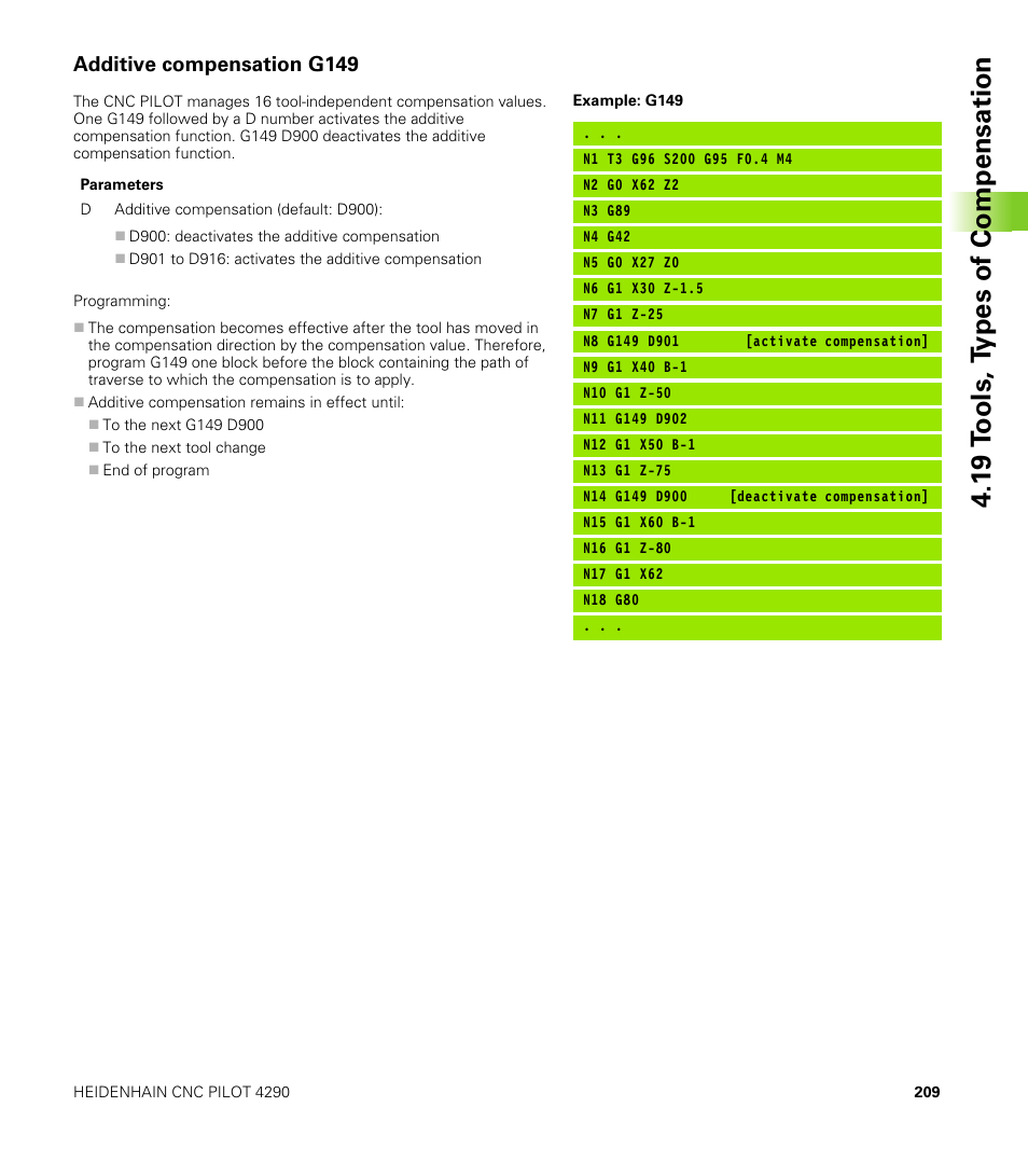 Additive compensation g149, 1 9 t ools, t y pes of compensation | HEIDENHAIN CNC Pilot 4290 V7.1 User Manual | Page 209 / 725