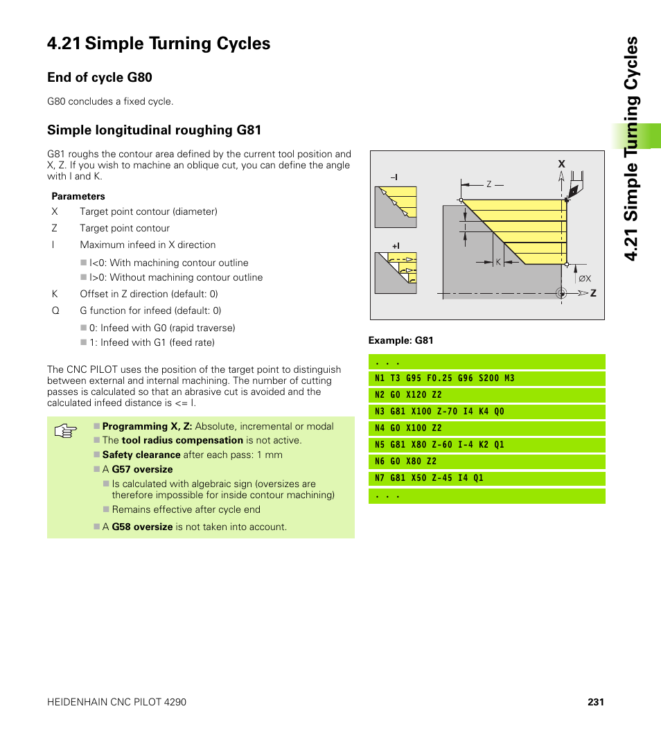 21 simple turning cycles, End of cycle g80, Simple longitudinal roughing g81 | HEIDENHAIN CNC Pilot 4290 V7.1 User Manual | Page 231 / 725
