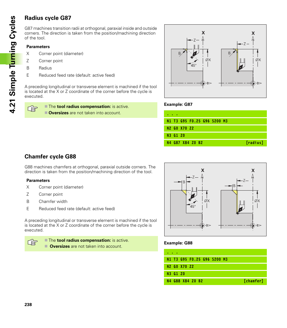 Radius cycle g87, Chamfer cycle g88, 21 simple t u rn ing cy cles | HEIDENHAIN CNC Pilot 4290 V7.1 User Manual | Page 238 / 725