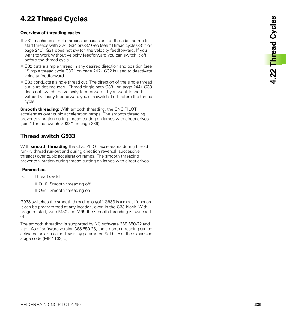 22 thread cycles, Thread switch g933 | HEIDENHAIN CNC Pilot 4290 V7.1 User Manual | Page 239 / 725