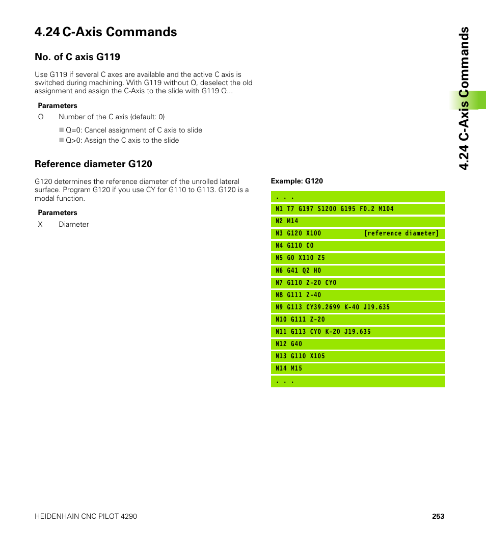 24 c-axis commands, No. of c axis g119, Reference diameter g120 | HEIDENHAIN CNC Pilot 4290 V7.1 User Manual | Page 253 / 725