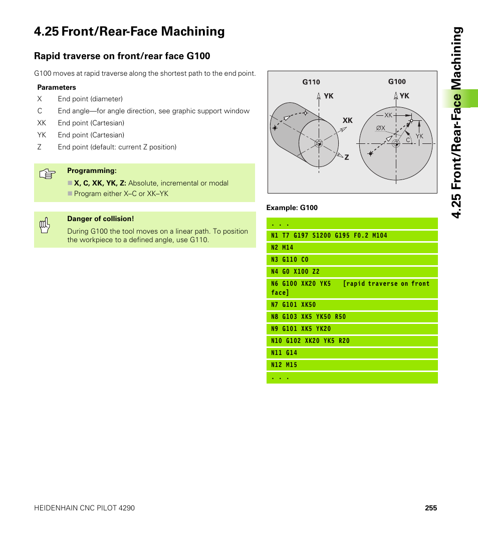 25 front/rear-face machining, Rapid traverse on front/rear face g100 | HEIDENHAIN CNC Pilot 4290 V7.1 User Manual | Page 255 / 725