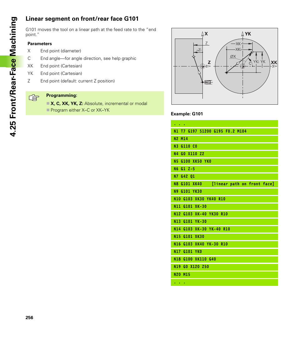 Linear segment on front/rear face g101, 25 f ront/rear -f ace mac h ining | HEIDENHAIN CNC Pilot 4290 V7.1 User Manual | Page 256 / 725