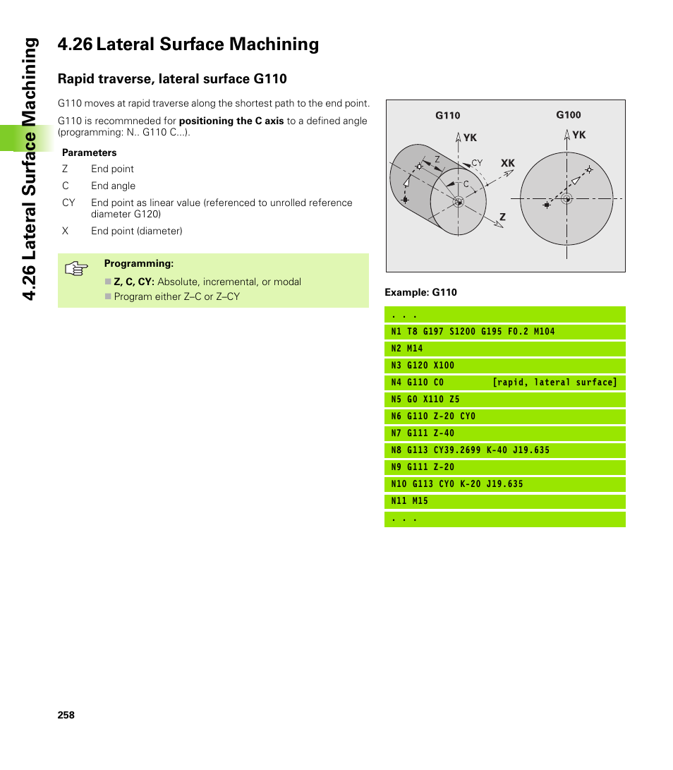 26 lateral surface machining, Rapid traverse, lateral surface g110 | HEIDENHAIN CNC Pilot 4290 V7.1 User Manual | Page 258 / 725