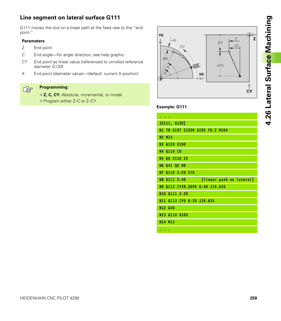Line segment on lateral surface g111, 26 lat er al surf ace mac h ining | HEIDENHAIN CNC Pilot 4290 V7.1 User Manual | Page 259 / 725