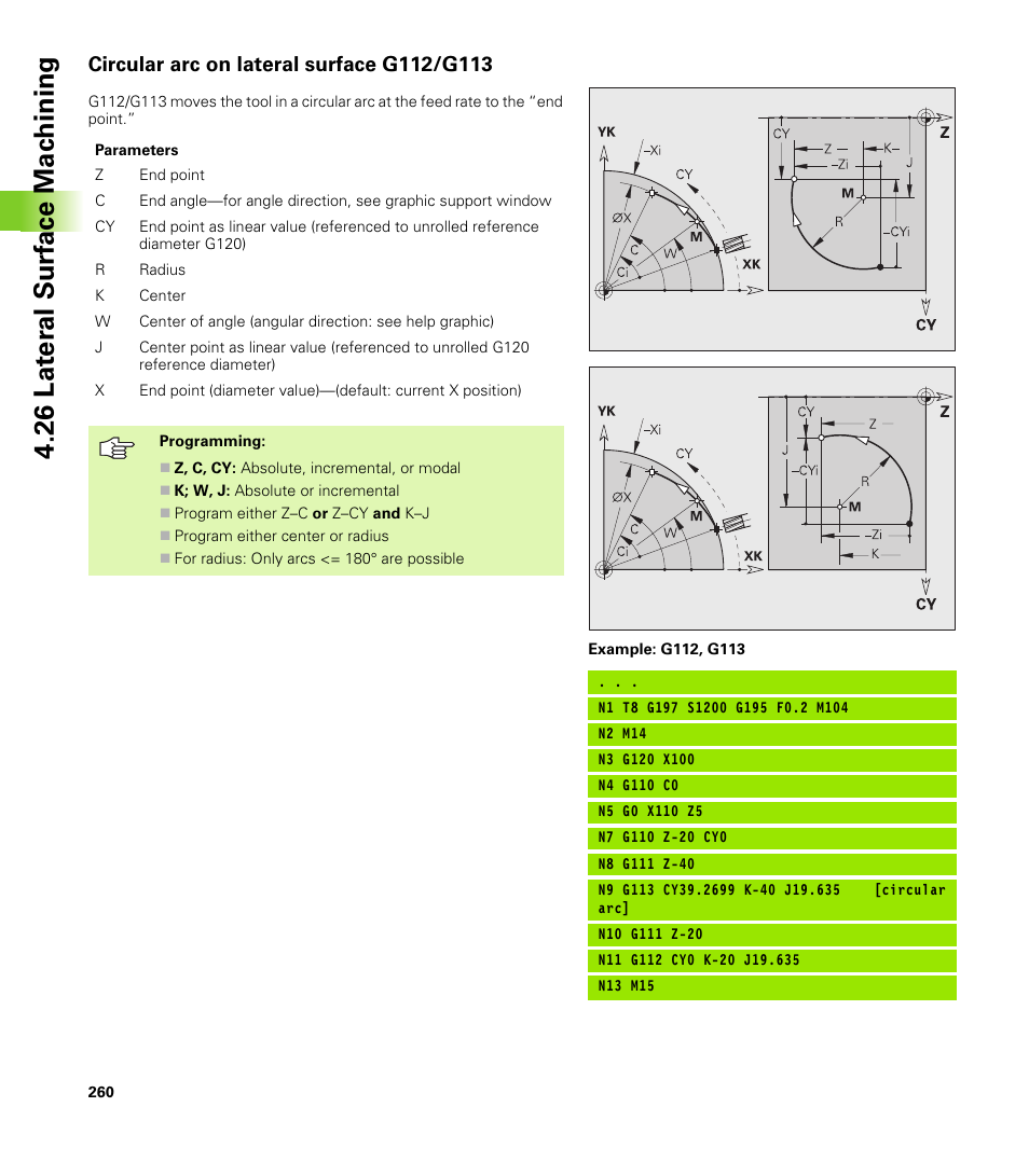 Circular arc on lateral surface g112/g113, 26 lat er al surf ace mac h ining | HEIDENHAIN CNC Pilot 4290 V7.1 User Manual | Page 260 / 725