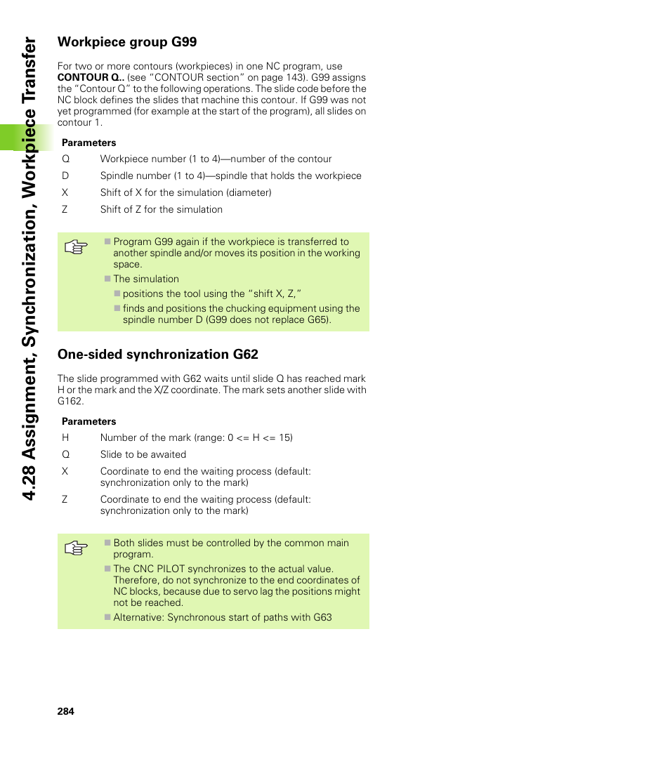 Workpiece group g99, One-sided synchronization g62 | HEIDENHAIN CNC Pilot 4290 V7.1 User Manual | Page 284 / 725