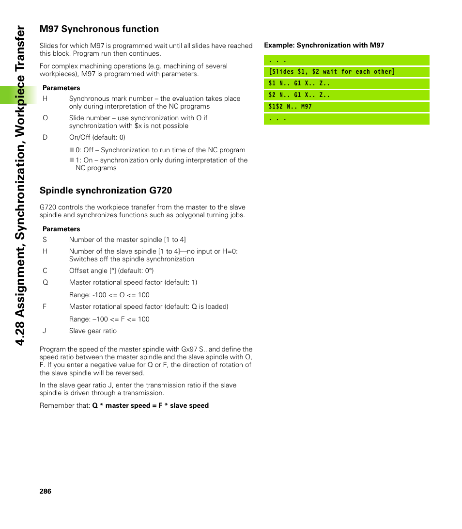 M97 synchronous function, Spindle synchronization g720 | HEIDENHAIN CNC Pilot 4290 V7.1 User Manual | Page 286 / 725