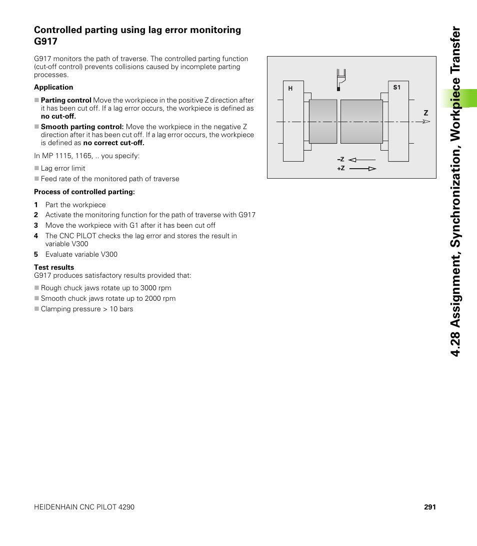 Controlled parting using lag error monitoring g917 | HEIDENHAIN CNC Pilot 4290 V7.1 User Manual | Page 291 / 725