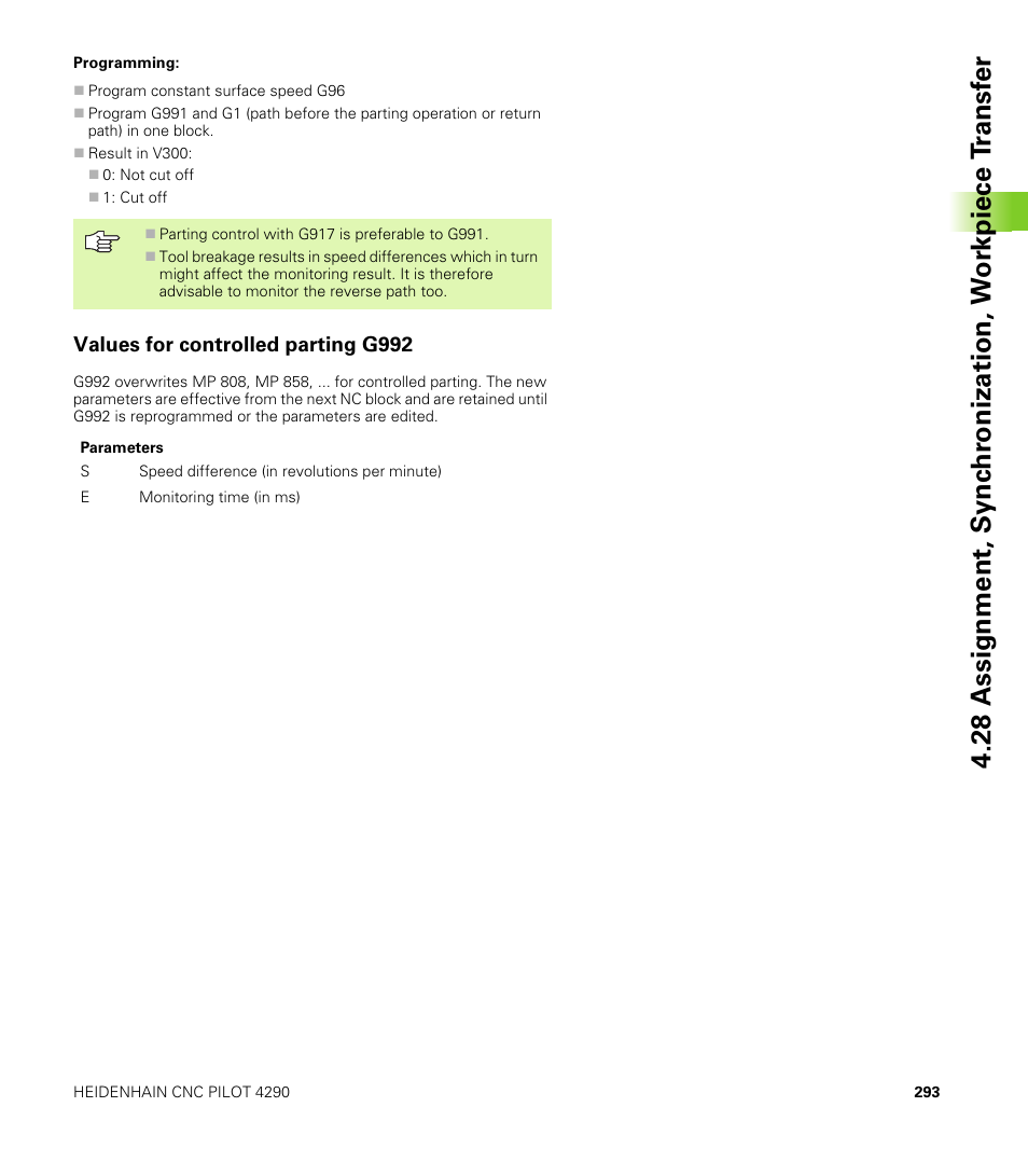 Values for controlled parting g992 | HEIDENHAIN CNC Pilot 4290 V7.1 User Manual | Page 293 / 725