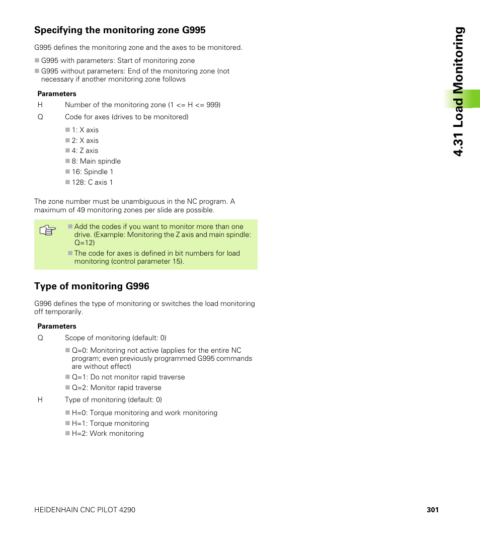 Specifying the monitoring zone g995, Type of monitoring g996, 31 load monit o ri ng | HEIDENHAIN CNC Pilot 4290 V7.1 User Manual | Page 301 / 725