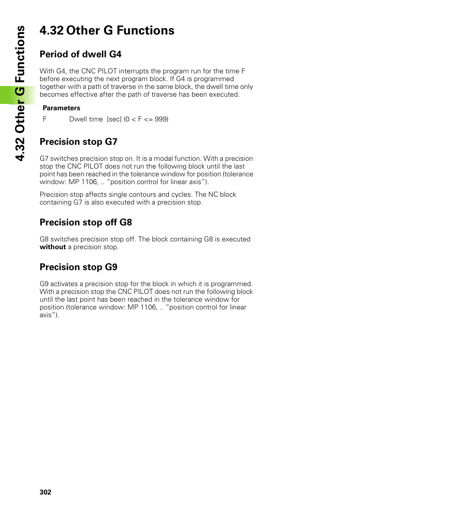 32 other g functions, Period of dwell g4, Precision stop g7 | Precision stop off g8, Precision stop g9 | HEIDENHAIN CNC Pilot 4290 V7.1 User Manual | Page 302 / 725