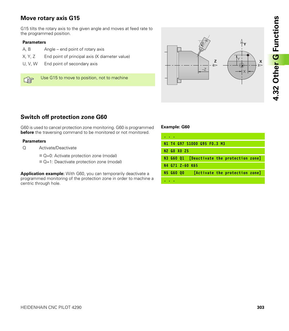 Move rotary axis g15, Switch off protection zone g60, 32 other g f unctions | HEIDENHAIN CNC Pilot 4290 V7.1 User Manual | Page 303 / 725