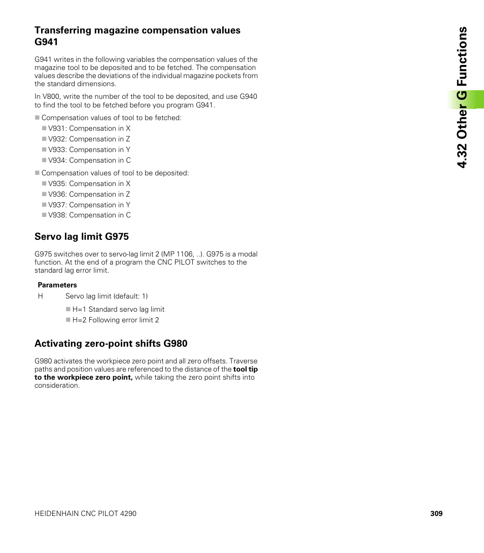 Transferring magazine compensation values g941, Servo lag limit g975, Activating zero-point shifts g980 | 32 other g f unctions | HEIDENHAIN CNC Pilot 4290 V7.1 User Manual | Page 309 / 725