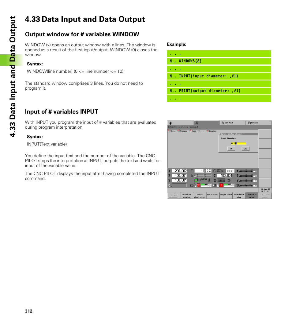 33 data input and data output, Output window for # variables window, Input of # variables input | HEIDENHAIN CNC Pilot 4290 V7.1 User Manual | Page 312 / 725