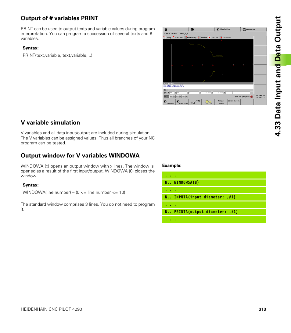Output of # variables print, V variable simulation, Output window for v variables windowa | 33 d a ta input and d a ta output | HEIDENHAIN CNC Pilot 4290 V7.1 User Manual | Page 313 / 725