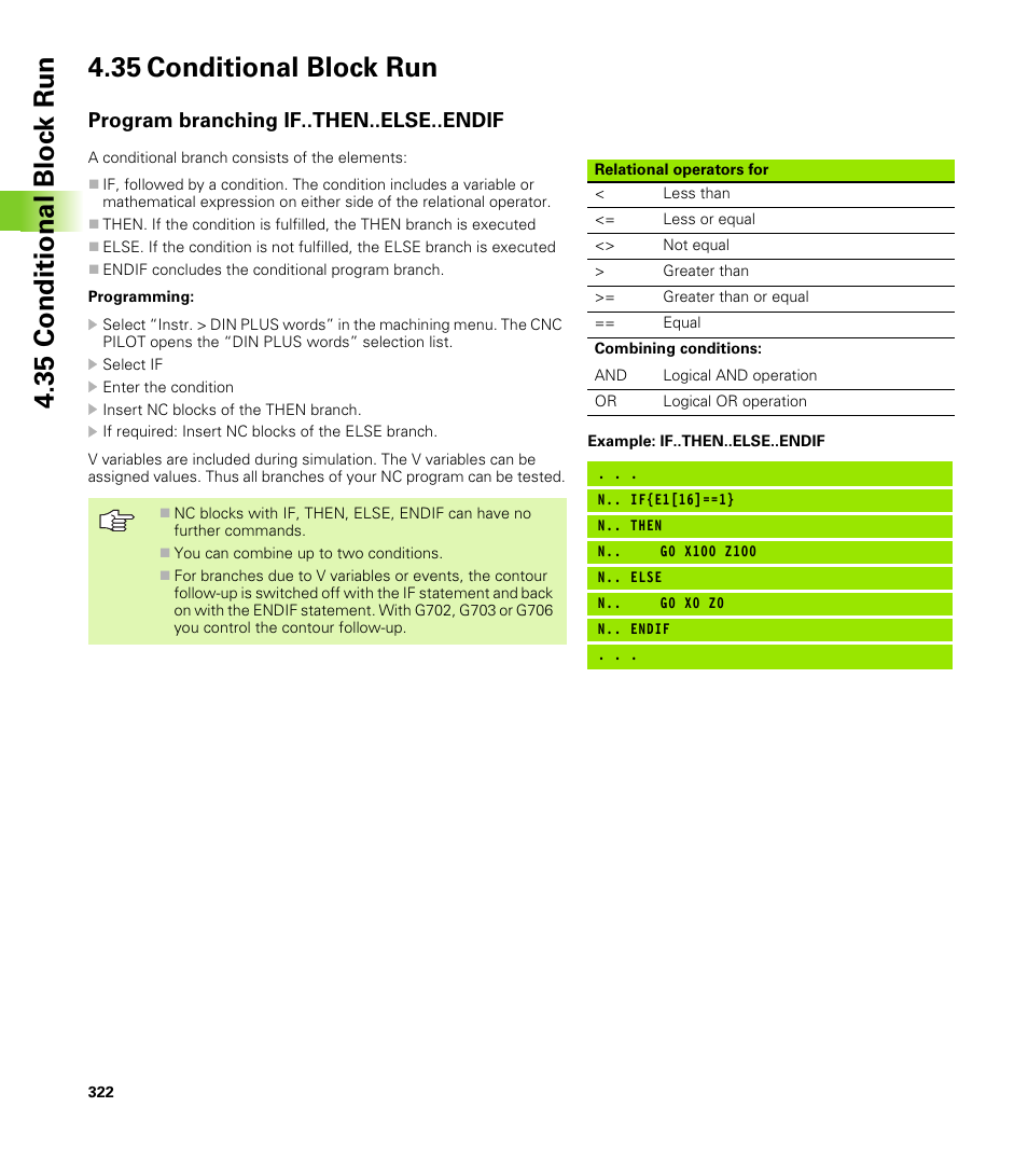 35 conditional block run, Program branching if..then..else..endif | HEIDENHAIN CNC Pilot 4290 V7.1 User Manual | Page 322 / 725