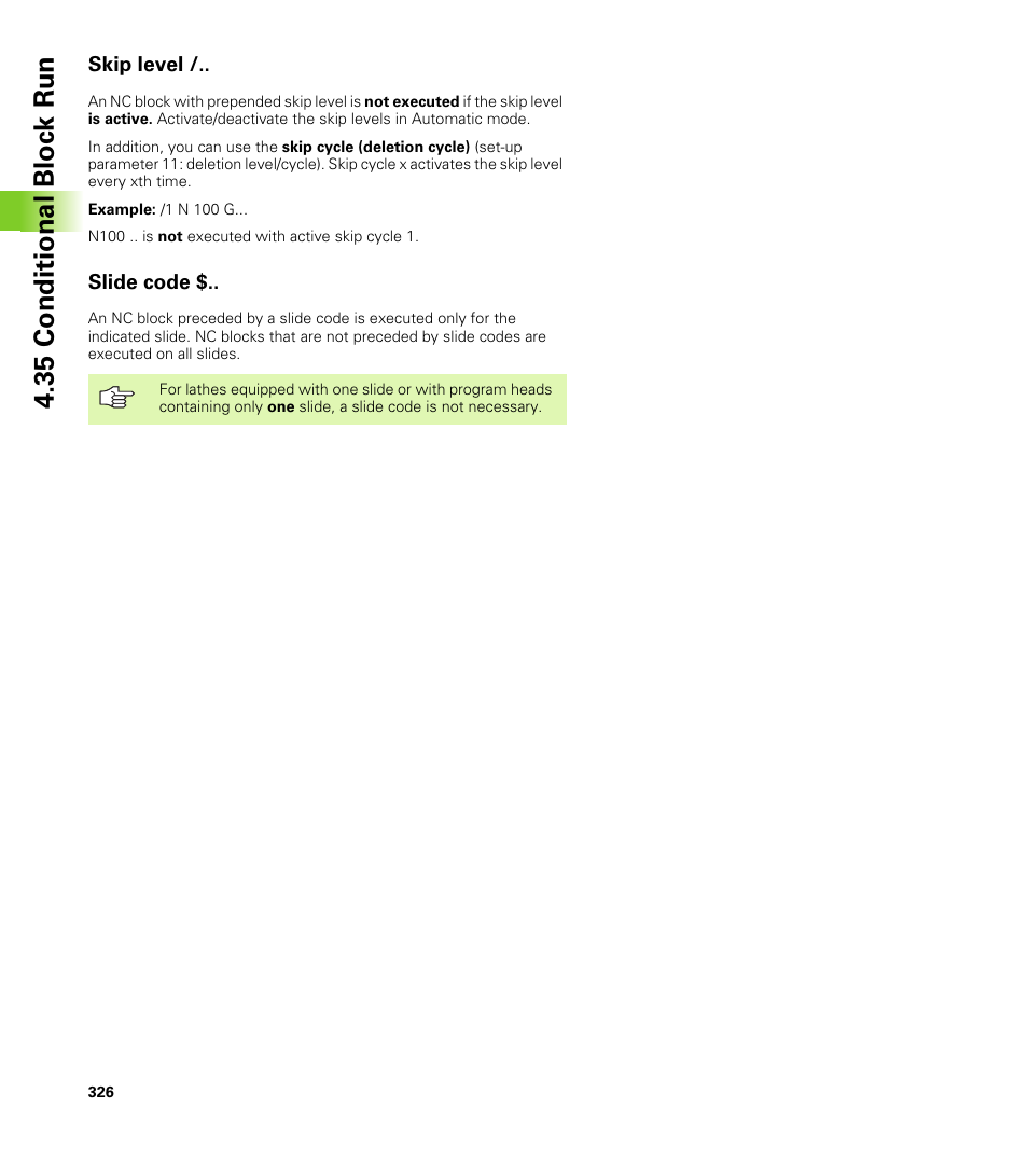Skip level, Slide code, 35 conditional bloc k run | HEIDENHAIN CNC Pilot 4290 V7.1 User Manual | Page 326 / 725