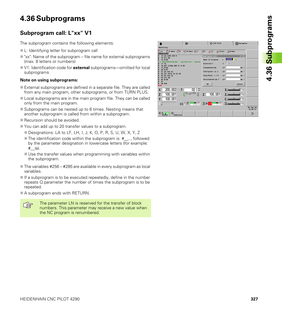 36 subprograms, Subprogram call: l"xx" v1 | HEIDENHAIN CNC Pilot 4290 V7.1 User Manual | Page 327 / 725